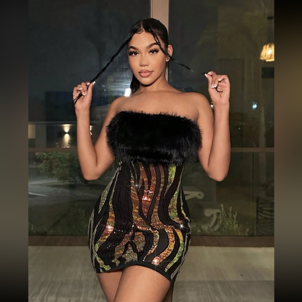(NWT) SHEIN SXY Fuzzy Trim Sequin Tube Bodycon Dress